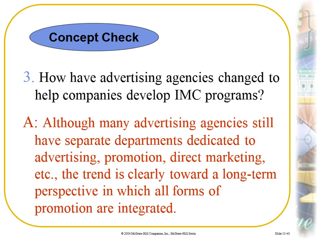 Slide 15-43 3. How have advertising agencies changed to help companies develop IMC programs?